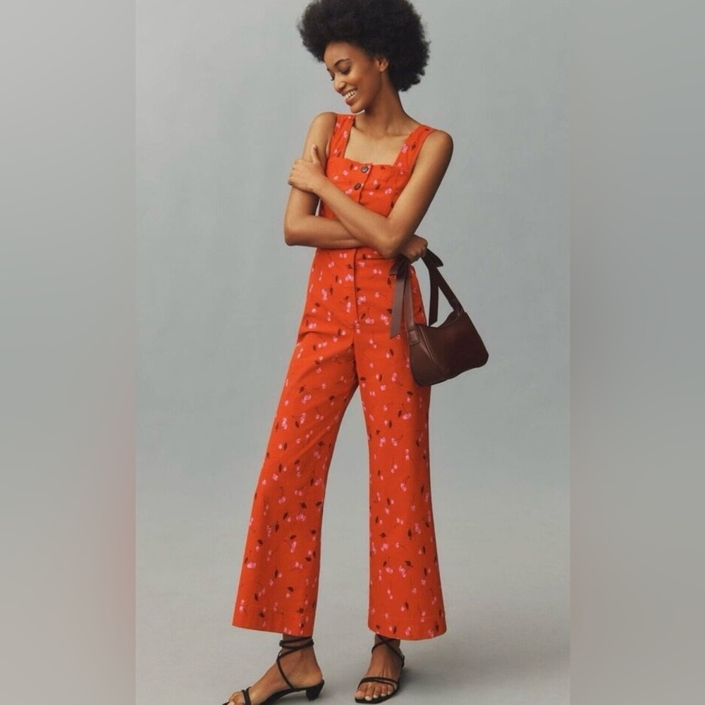 Anthropologie Maeve The Colette Cherry Print Button Front Jumpsuit Red Size 2